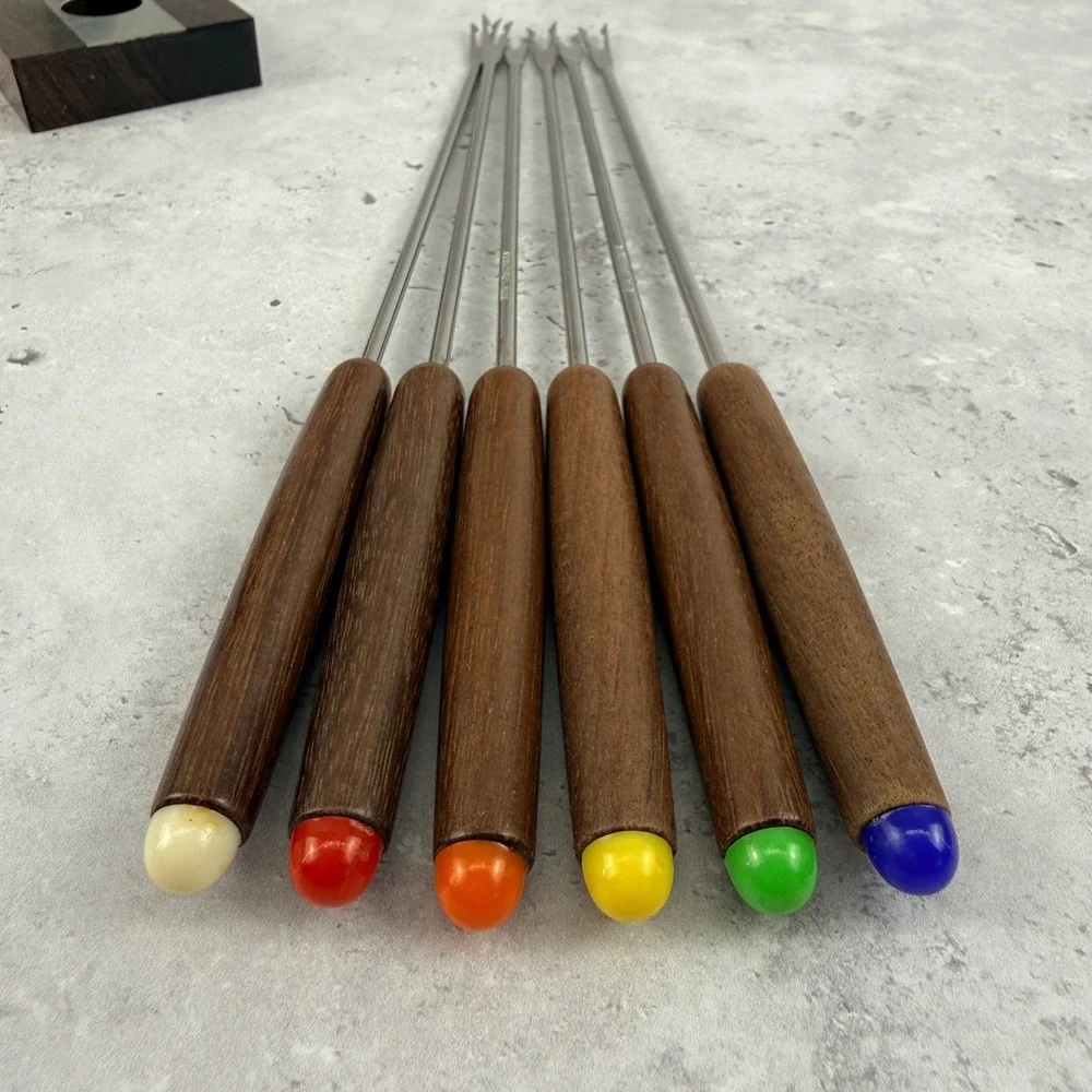Fondue Fork Set Stainless Steel Wood‎ Handles Made in Japan NOS